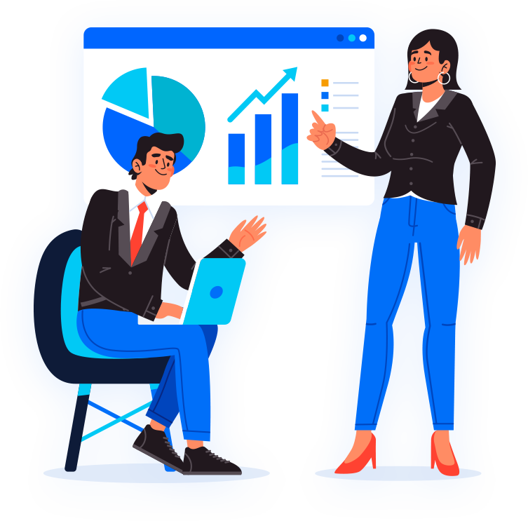 Deux personnages devant un graphique représentant l'évolution d'un site vitrine